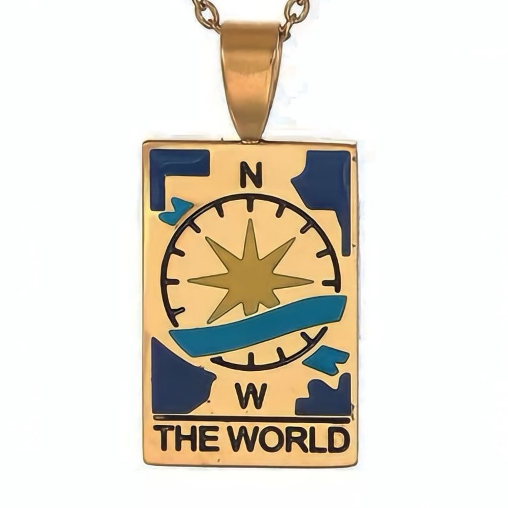 Engraved ‘The World’ Enamel Tarot Card Necklace | 316L Stainless Steel Pendant